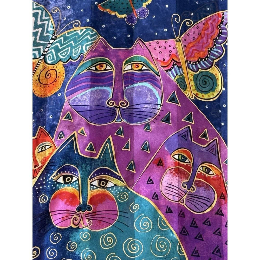 2015 Laurel Burch 100% Silk Scarf Indigo Cats & Butterflies 53x11 Wearable Art - Picture 3 of 11